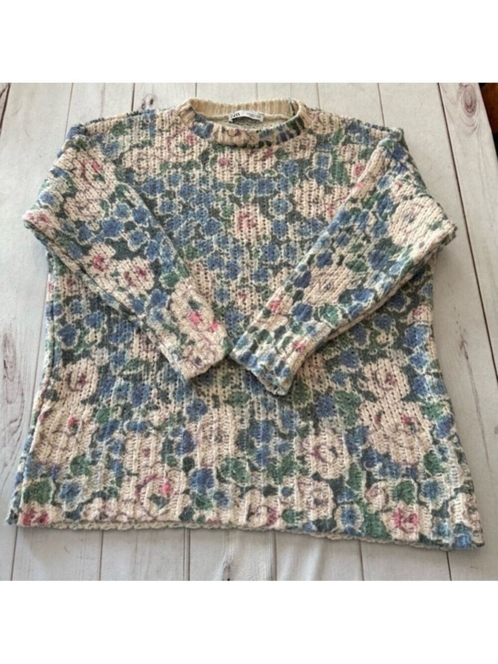Zara Cottagecore Floral Chunky Oversized Heavy Knit Sweater Boho Y2K Women's M